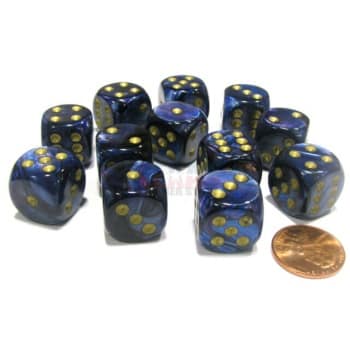 Chessex 16mm D6 with pips Dice Blocks (12 Dice) - Scarab Royal Blue with gold