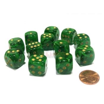 Chessex 16mm D6 with pips Dice Blocks (12 Dice) - Vortex Green with gold