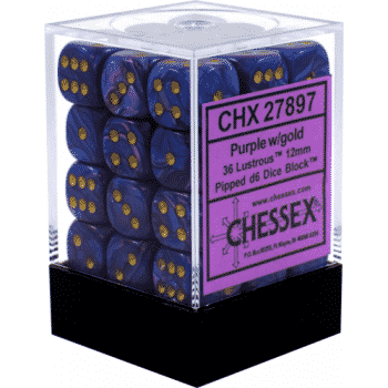 Chessex Signature 12mm D6 with pips Dice Blocks (36 Dice) - Lustrous Purple with gold
